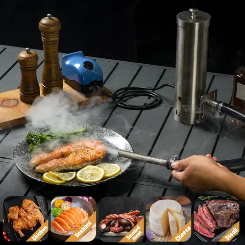 Vista 6 de Generador de humo frío con tapa y bomba de aire, ahumador eléctrico portátil para barbacoa, pellets de madera, ahumador al aire libre, accesorio