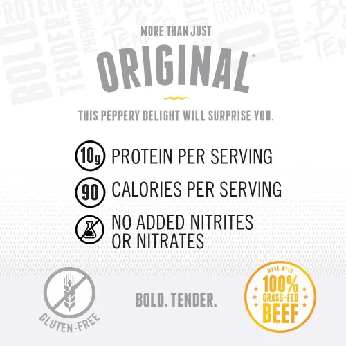 Vista 6 de Perky Jerky Carne seca original 100% alimentada con pasto, 1 onza (paquete de 12), sin antibióticos, 0.35 onzas de proteína por porción, baja