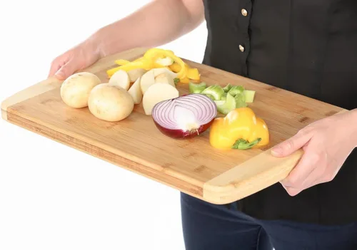 Vista 8 de Orgánic Bamboo [Heim Concept] Tabla de cortar de bambú y bandeja para servir con ranuras para gote, extragrande