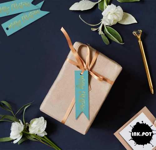 Vista 4 de Etiquetas colgantes con texto en inglés «Merry Christmas» para botellas de papel de aluminio, paquete de 50 unidades Aqua Blue