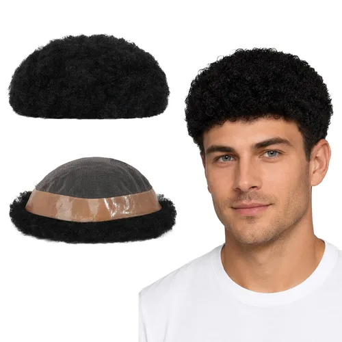 Vista 7 de Lordhair Mens Weave 6 * 8 "unidad de cabello humano negro 0.787 in rizado sistema de cabello para hombre con 1" PU recubierto perímetro toupee