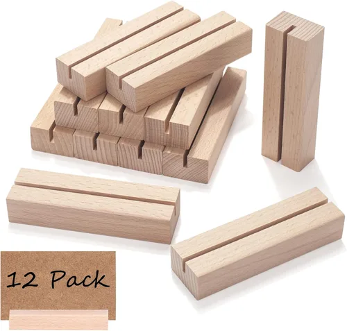 Vista 8 de 10 soportes de madera para tarjetas de lugar, soportes de madera para números de mesa de madera, soporte de letrero acrílico de madera, decoración