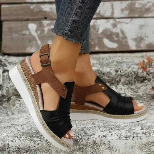 Vista 5 de Womenyiaor Sandalias de cuña para mujer, alpargatas para mujer, puntera abierta, correa al tobillo, sandalias de tacón de cuña, sandalias elegantes
