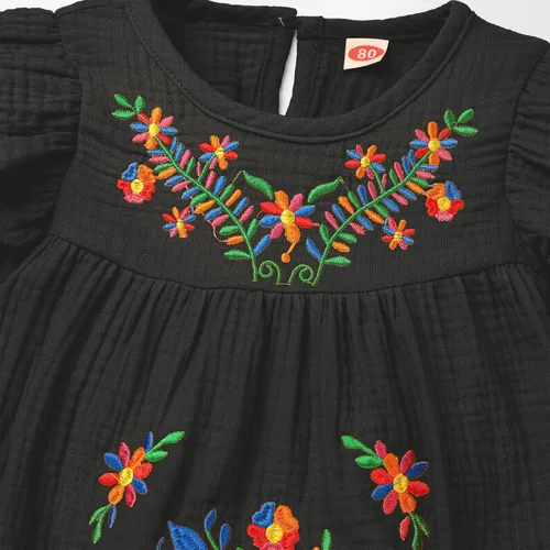 Vista 4 de Vestido mexicano de manga larga con bordado floral, para fiesta, traje étnico tradicional, vestido de verano con volantes