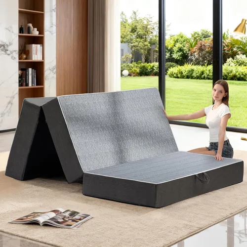 Vista 10 de Colchón triple plegable tamaño matrimonial – Colchón plegable de espuma viscoelástica de doble capa de 6 pulgadas, sofá cama portátil con funda
