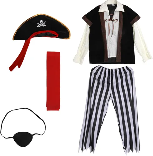Vista 6 de TICIFEN Disfraz de pirata para niños, juego de rol de pirata, abrigo para niños, pantalones, sombrero con accesorios, juego de lujo para fiesta