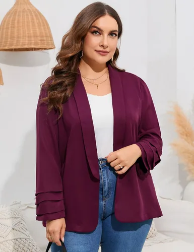 Vista 3 de ShopWonder Blazer casual con bolsillos para mujer, talla grande, para oficina, frente abierto, manga 34, cárdigans, chaqueta de trabajo