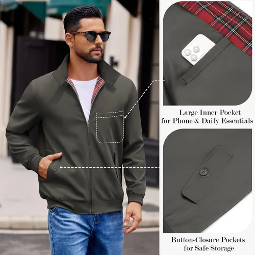 Vista 6 de COOFANDY - Chaquetas ligeras para hombre, chaqueta casual de estilo cortavientos con cremallera, cuello parado, chaqueta de golf elegante
