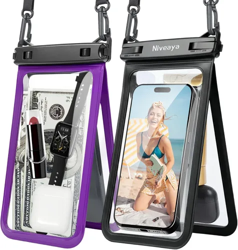 Vista 10 de Niveaya Bolsa impermeable para teléfono con doble espacio - 2 unidades, funda impermeable con cordón para iPhone 16/15/14/13/12 Pro Max hasta 8.3