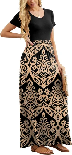 Vista 4 de GRECERELLE Vestidos largos de manga corta para mujer, vestidos largos casuales con bolsillos