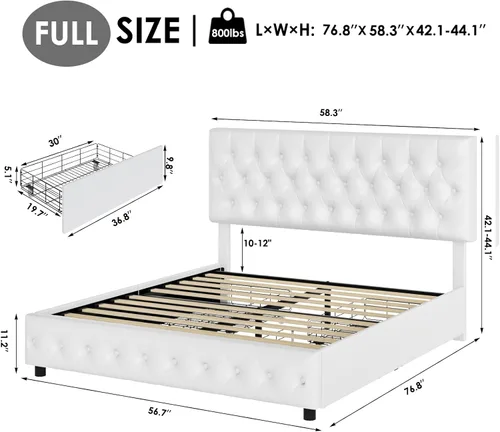 Vista 2 de Keyluv Moderna base de cama tapizada con 4 cajones, diseño de cabecera capitoné con botones, soporte de listones de madera maciza, fácil montaje