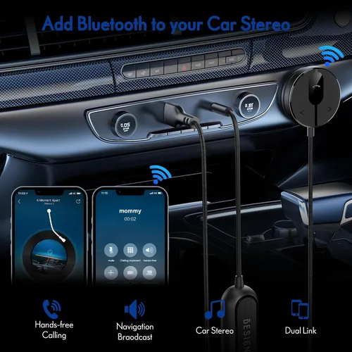 Vista 3 de BESIGN BK01 Kit Bluetooth para coche, receptor auxiliar inalámbrico para llamadas manos libres y transmisión de música con filtro de ruido de bucle