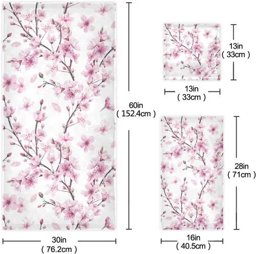 Vista 3 de Pfrewn Juego de 3 toallas de baño con diseño de flores de cerezo con flores de cerezo, toallas de baño suaves y absorbentes, toallas de mano