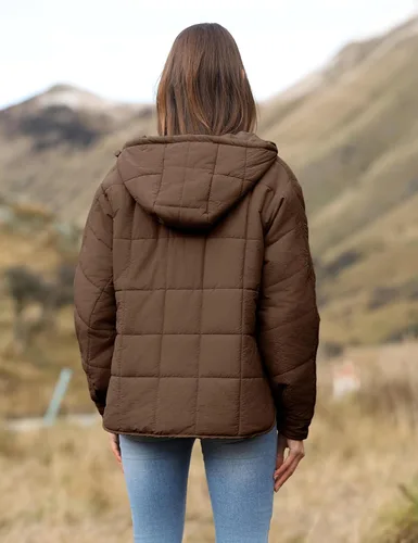 Vista 39 de QIBABU Chaqueta acolchada con capucha de gran tamaño para mujer, ligera, acolchada, manga larga, abrigo de invierno cálido