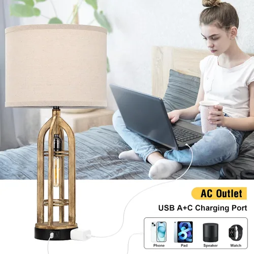 Vista 5 de Seealle Juego de 2 Lámparas de Mesa para Sala de Estar - Lámpara de Noche de Aspecto de Madera para Dormitorio con USB C+A y Enchufe, Lámparas