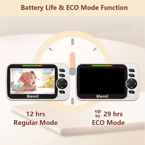 Vista 3 de Blemil - Monitor de bebé con batería de 30 horas, monitor de vídeo para bebé con pantalla grande dividida de 5 pulgadas, con cámara y audio, batería