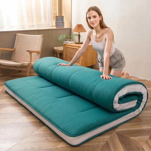 Vista 17 de MAXYOYO Colchón de suelo tipo futón japonés, cubrecolchón extra grueso para cama individual, enrollable, plegable, esterilla única, patrón de Negro