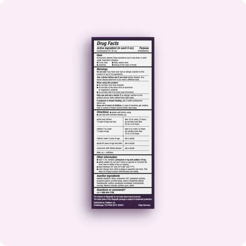 Vista 2 de Allegra Líquido para aliviar la alergia de 12 horas para niños, sin somnolencia, medicamento antialérgico para interiores y exteriores, 30 mg