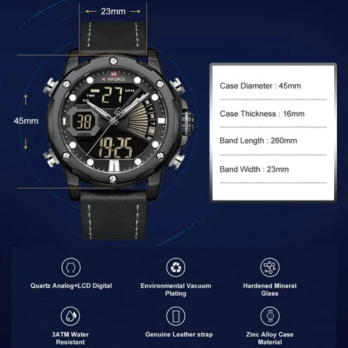 Vista 2 de NAVIFORCE Relojes digitales militares para hombre analógicos de cuarzo resistente al agua luminoso reloj deportivo de cuero multifuncional
