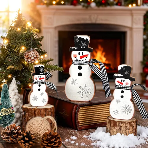 Vista 5 de 3 piezas de decoración de mesa de Navidad con muñeco de nieve, muñeco de nieve de madera, centros de mesa de invierno, letrero de mesa de madera