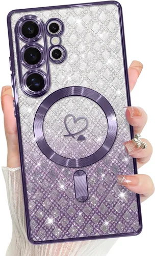 Vista 125 de Bonoma - Funda compatible con Samsung Galaxy S21 Plus, diseño de corazón con purpurina, color rosa Support for MagSafe, Plating Magnetic Case TPU
