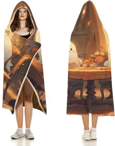 Vista 3 de Manta con capucha de bruja y calabaza, vintage, para Halloween, manta de franela para niños, adolescentes, hombres y mujeres, manta cálida
