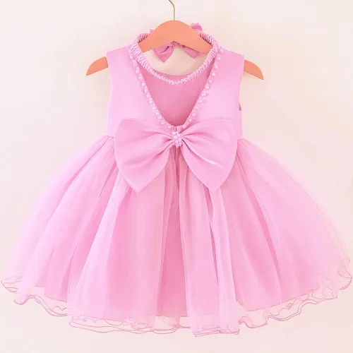 Vista 5 de 6M-6T Vestido de encaje sin espalda para bebé, vestido formal de princesa con gorro Rosa bebé