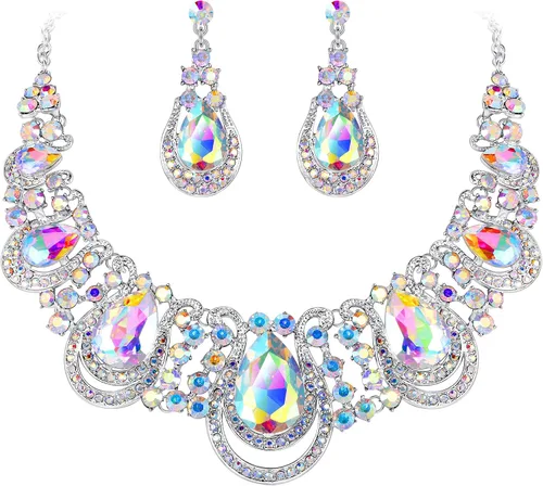 Vista 6 de Women's Costume Statement Necklace Dangle Earrings Set 05-Multicolor Tono Dorado