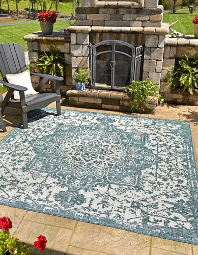 Vista 29 de Unique Loom Jill Zarin Jill Zarin Outdoor Collection - Alfombra Dubái (3 pies 3 pulgadas, redonda, rosa y aguamarina/azul claro)