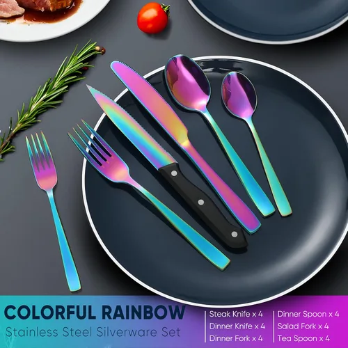 Vista 3 de Hiware Juego de cubiertos de 48 piezas de arcoíris con cuchillos de carne para 8, cubiertos de acero inoxidable para el hogar, cocina, restaurante