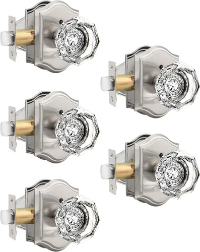 Vista 36 de Gobrico Juego de pomos de puerta de vidrio transparente para interiores, cerradura de puerta de cristal de diamante de privacidad en latón antiguo