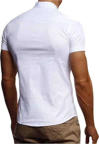 Vista 3 de WUAI-Men Camisas de algodón de manga corta y ajuste regular, para el trabajo, oficina, para verano, casual, con botones, para la playa