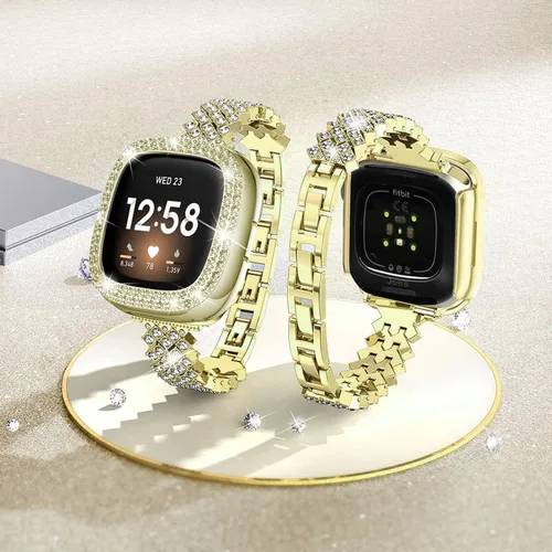 Vista 5 de Correa de reloj brillante compatible con Fitbit Versa 3/Fitbit Sense para mujer, correa ajustable de aleación de cristal con diamantes de imitación