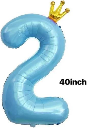 Vista 2 de Globos azules de 40 pulgadas con corona unida número 2, globos de segundo cumpleaños para decoraciones de fiesta de cumpleaños. (2)