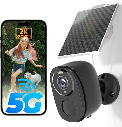 Vista 9 de Rraycom Paquete de 2 cámaras de seguridad solar 5G inalámbricas para exteriores, cámara de 2K con batería y panel solar, alarma de sirena, visión