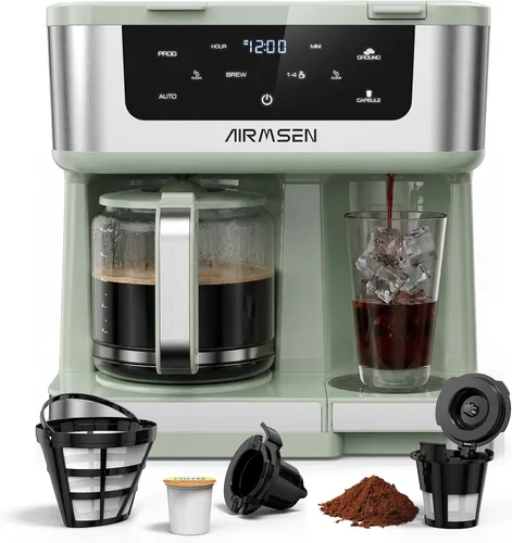 Vista 10 de AIRMSEN Cafetera dual programable de 12 tazas – Máquina de una sola porción para K-Pods y molido, preparación rápida de 1000 W, inicio retardado