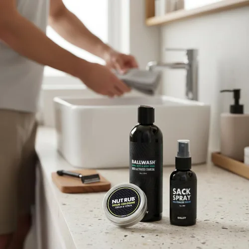 Vista 3 de Ballsy Paquete de saco, kit fresco para hombre, incluye gel de baño, spray desodorizante y colonia frotar, cuidado corporal para hombres, paquete