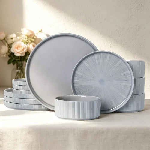 Vista 15 de Stoneware Dinnerware Sets for 4, 12Pcs Plates and Bowls Set, Cream White