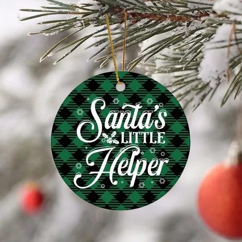 Vista 4 de Santa's Little Helper - Adorno de Navidad de cerámica con cita redonda para decoración del árbol de Navidad, recuerdo de Navidad coleccionable