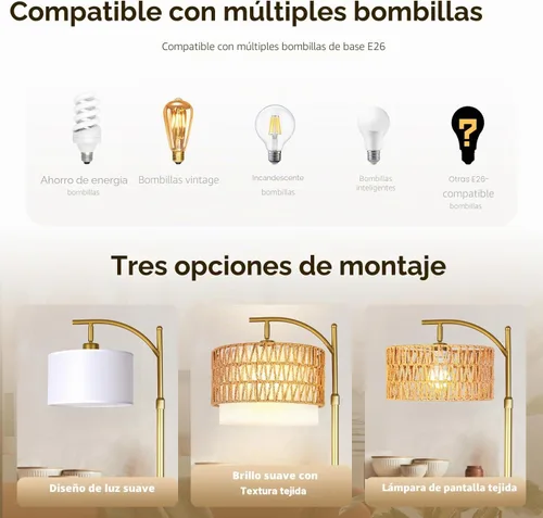 Vista 4 de Lámpara de pie de ratán bohemio para sala de estar - Diseño de arco dorado, LED 12W (1 en uso + 1 de repuesto), control remoto y regulable de 3