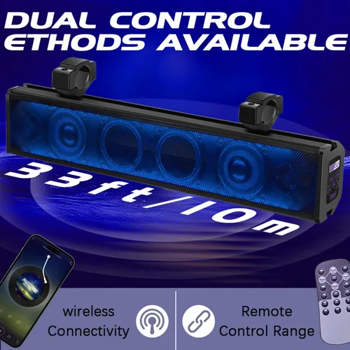 Vista 8 de Barra de sonido UTV de 25 pulgadas, Bluetooth impermeable con iluminación RGB, altavoz Bluetooth con IP65 impermeable, sonido amplificado de 500 W