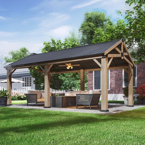 Vista 8 de Aoxun Gazebo de madera de cedro de 10' x 10' con techo de acero galvanizado