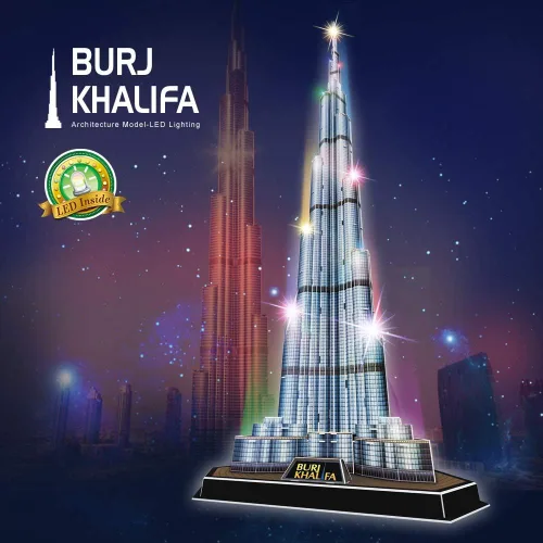 Vista 4 de CubicFun Rompecabezas 3D LED Dubai Burj Khalifa 57.5" H Kits de Modelos de Edificios de Arquitectura para Adultos, Decoración de Recuerdo y Regalos