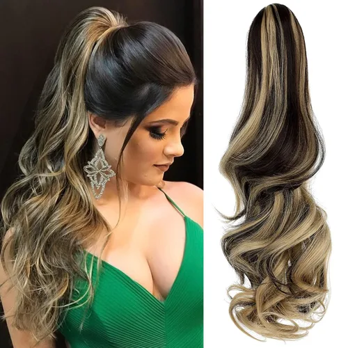 Vista 11 de Extensión de cola de caballo con clip, de 18 pulgadas, 20 pulgadas, rizada, ondulada, recta, cola de caballo larga con clip, para mujer, rubio ceniza