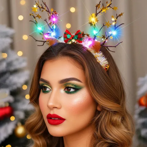 Vista 7 de CASDRE Diadema de Navidad iluminada, diadema de cornamenta de reno dorado, accesorios para el cabello con lazo de Navidad para mujer