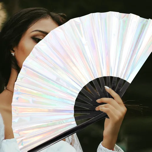 Vista 5 de EXCEART Abanico plegable para rave, ventilador de mano plegable holográfico chino japonés de bambú para festivales de Halloween, fiestas