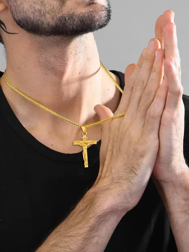 Vista 7 de U7 Colgante de cruz de crucifijo para hombre con cadena de bautismo, joyería cristiana, acero inoxidable, oro de 18 quilates, collar antiguo