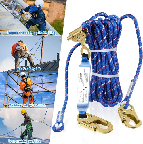 Vista 7 de Conjunto vertical de cuerda de vida de 25 pies, cuerda de protección contra caídas con dos ganchos de agarre de cuerda, amortiguador