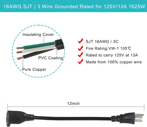 Vista 2 de Cable de extensión de alimentación corto de 1 pie de 1 pie – Cable de extensión corto de 3 clavijas para interiores SJT 16 AWG resistente cable