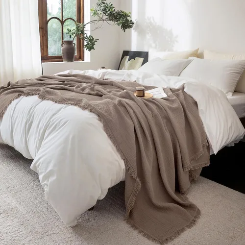 Vista 51 de FOSSA Manta de Muselina con Flecos - Gasa de Algodón 100% de 4 Capas Súper Suave y Transpirable - Manta Decorativa Ligera y Refrescante para Cama